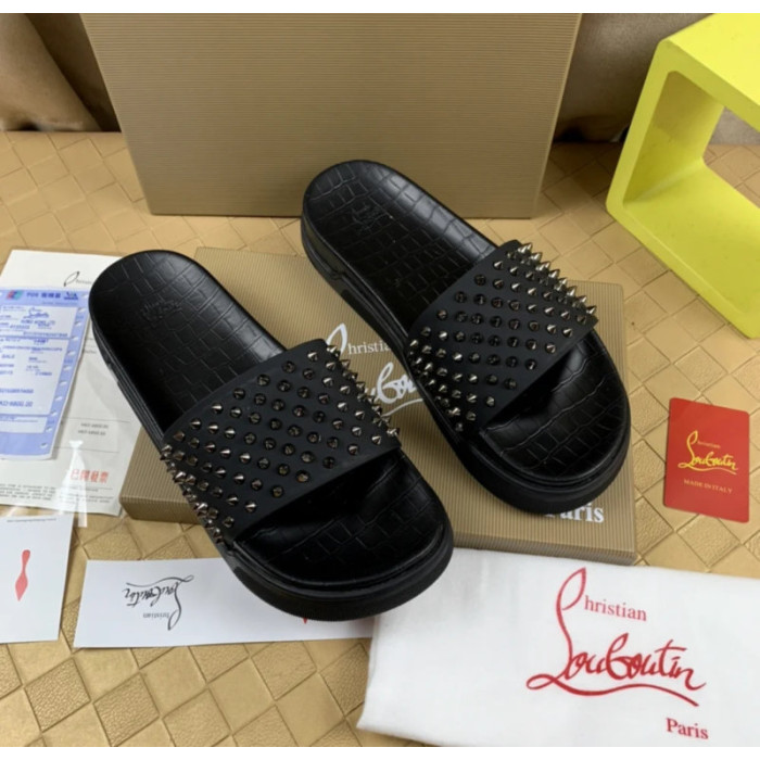 Christian Louboutin Black Metal‑Spiked Flat Slide Sandals