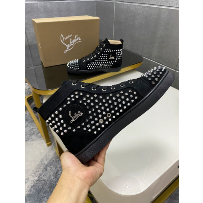 Christian Louboutin Black Suede Full Silver‑Spiked High‑Top Sneakers
