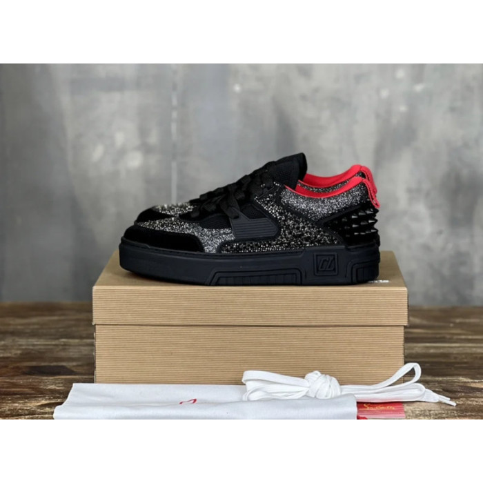 Christian Louboutin Black Suede Silver Glitter Spiked Platform Low‑Top Sneakers