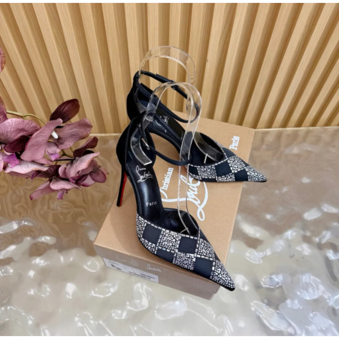 Christian Louboutin Black Satin Checkered Crystal‑Embellished 100mm Stiletto Heel Ankle‑Strap Pumps