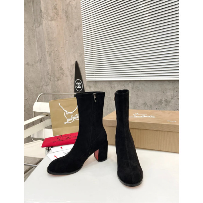 Christian Louboutin Black Suede Side‑Zip Block‑Heel Ankle Boots 85mm heel