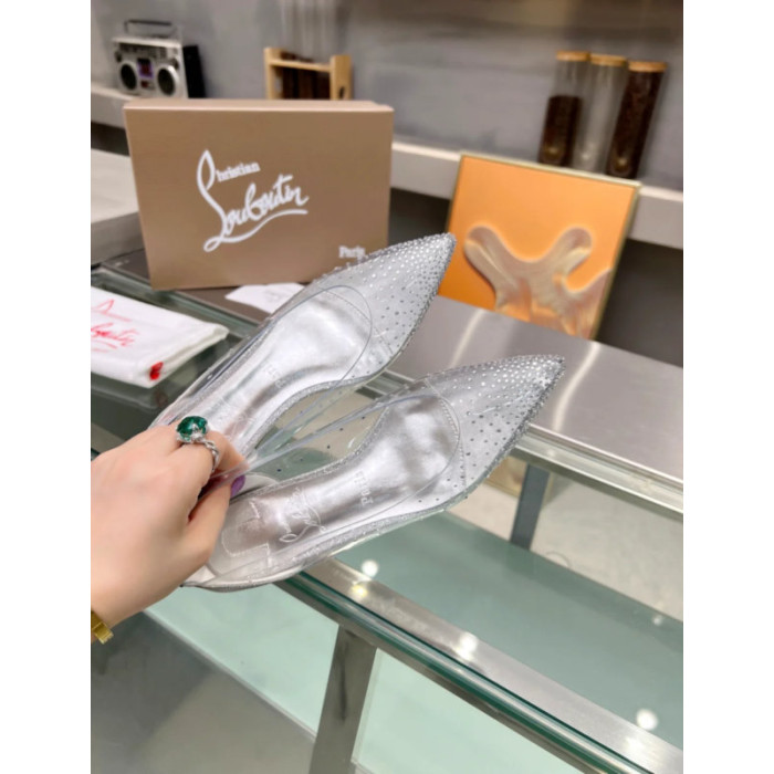 Christian Louboutin Clear PVC Crystal Embellished Pointed‑Toe Flat Pumps