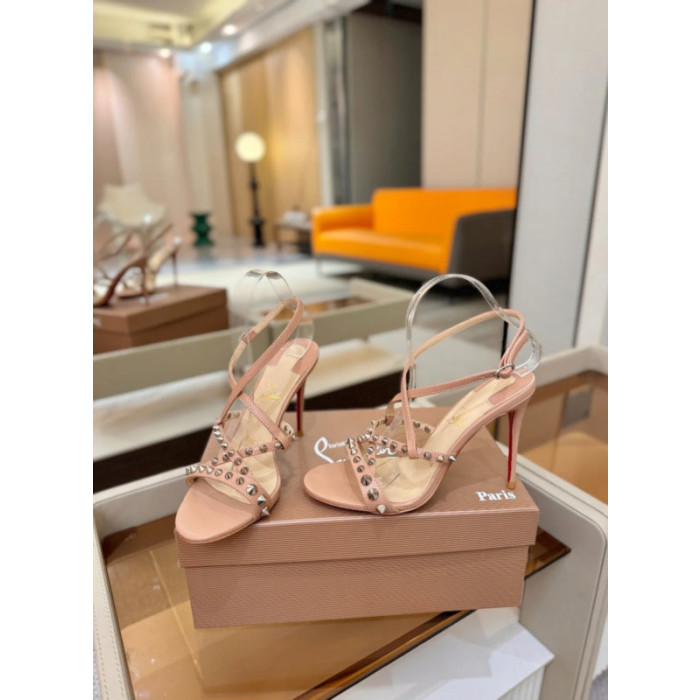 Christian Louboutin Nude Leather Studded Crisscross Slingback High Heel Sandals 100mm heel