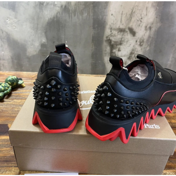 Christian Louboutin Black Leather Red‑Trim Spiked Slip‑On Sneakers