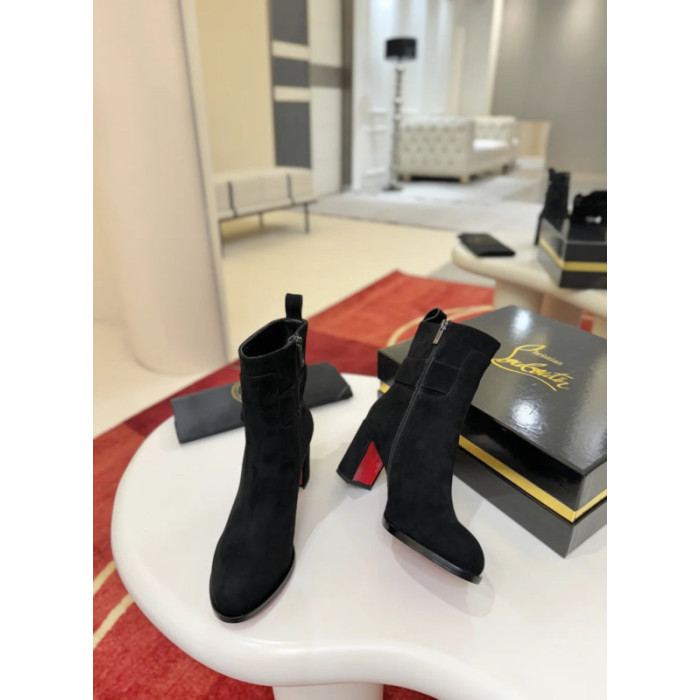 Christian Louboutin Black Suede Metal‑Buckle Block Heel Ankle Boots
