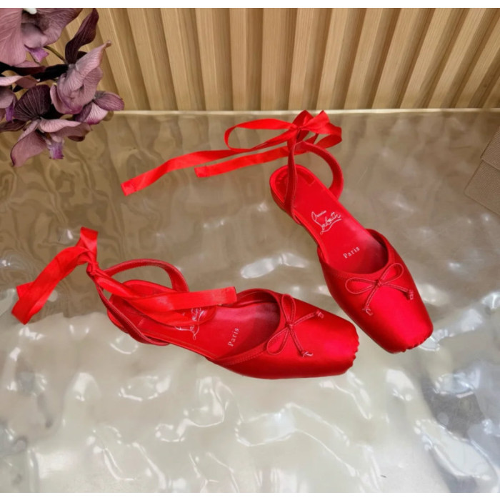 Christian Louboutin Red Satin Bow Ankle‑Tie Slingback Ballet Flats