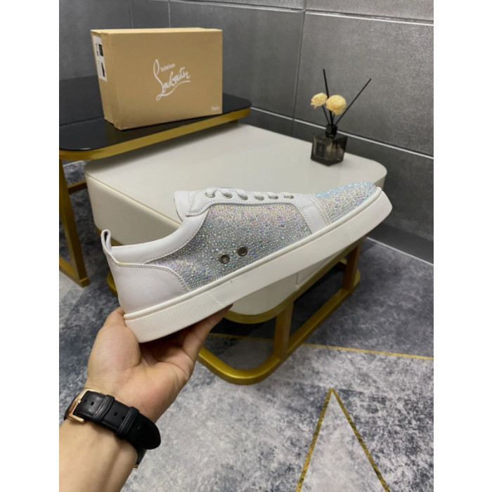 Christian Louboutin White Leather AB Crystal‑Encrusted Low‑Top Sneakers