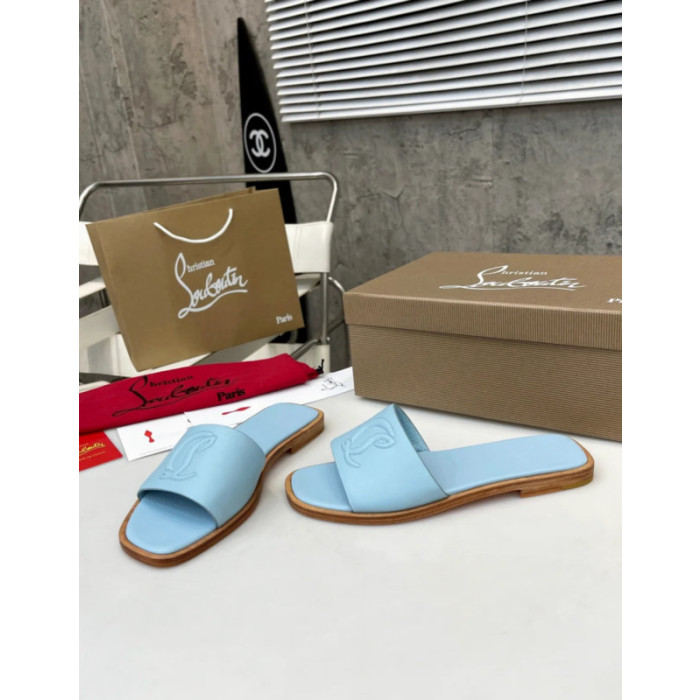 Christian Louboutin Sky‑Blue Leather Stitched Logo Wood‑trim Flat Slide