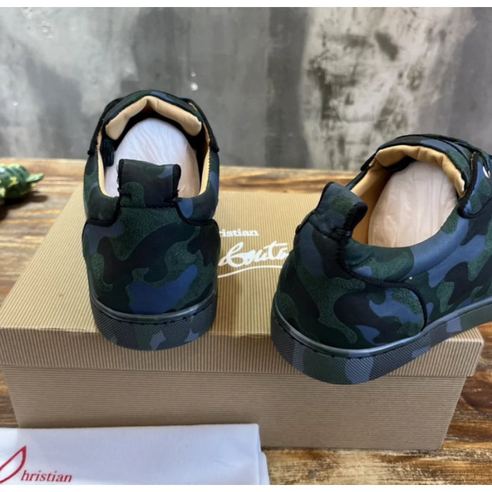 Christian Louboutin Green Camouflage Gunmetal‑Spiked Low‑Top Sneakers