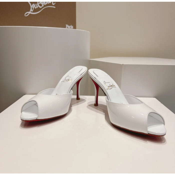Christian Louboutin White Patent Peep‑Toe Stiletto Heel Mules