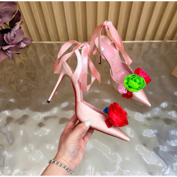 Christian Louboutin Pink Satin Multicolor Rose Flower 100mm Stiletto Heel Slingback Pumps