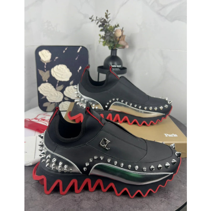 Christian Louboutin Black Silver‑Spiked Slip‑On Sneakers Red Shark‑Tooth Sole