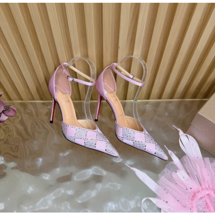 Christian Louboutin Pink Satin Checkered Crystal‑Embellished 100mm Stiletto Heel Ankle‑Strap Pumps