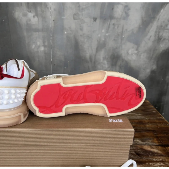Christian Louboutin Beige White Mixed‑Media Spiked Low‑Top Sneakers