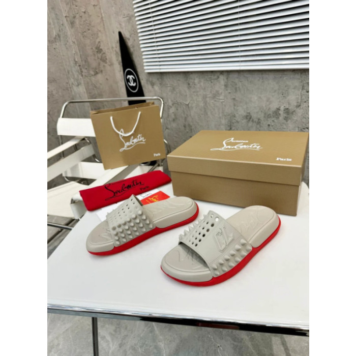 Christian Louboutin Beige Rubber Spiked Slide Sandal
