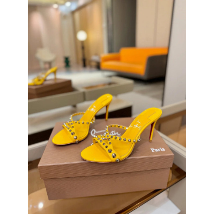 Christian Louboutin Yellow Patent Leather 100mm heel Silver‑Spiked Mule High‑Heel Sandals