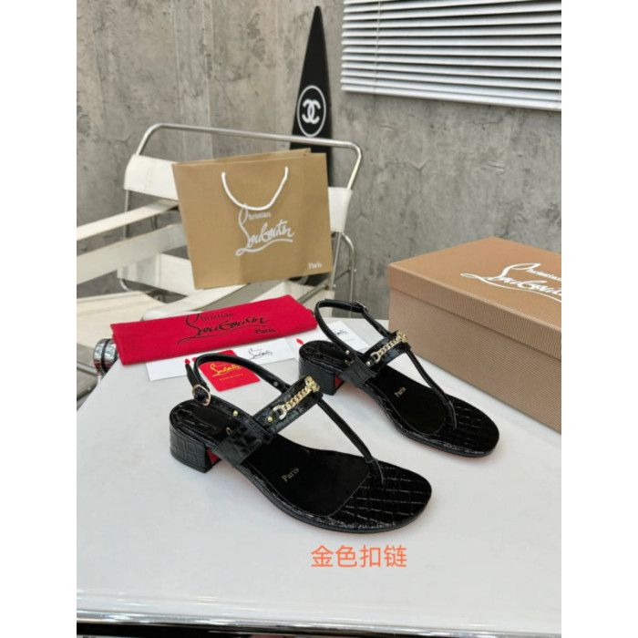 Christian Louboutin Black Croc‑Embossed 45mm Block Heel Thong Sandals
