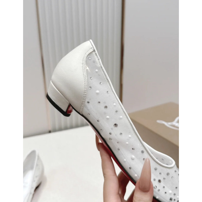 Christian Louboutin White Mesh Crystal‑Studded Pointed‑Toe Flat Shoes