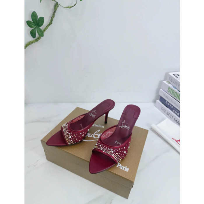 Christian Louboutin Burgundy Mesh Crystal 70mm Pointed‑Toe Mule High‑Heel Sandals
