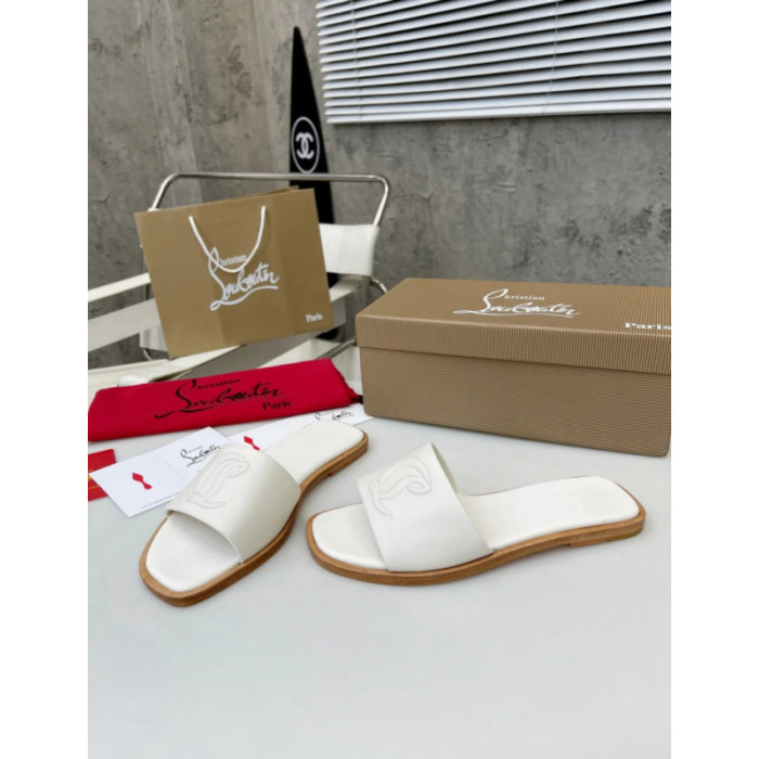 Christian Louboutin Stitched Logo White Leather Flat Slip‑on Slide