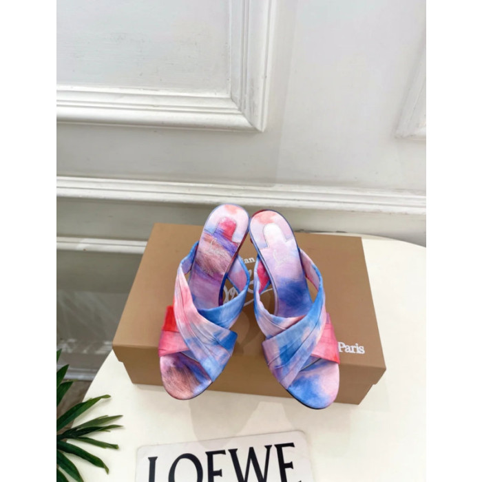 Christian Louboutin Pink‑Blue Tie‑Dye Crisscross Mule High Heel Sandals 100mm heel