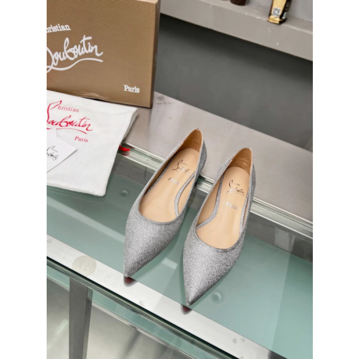 Christian Louboutin Silver Glitter Pointed‑Toe Low‑Wedge Heel Flats