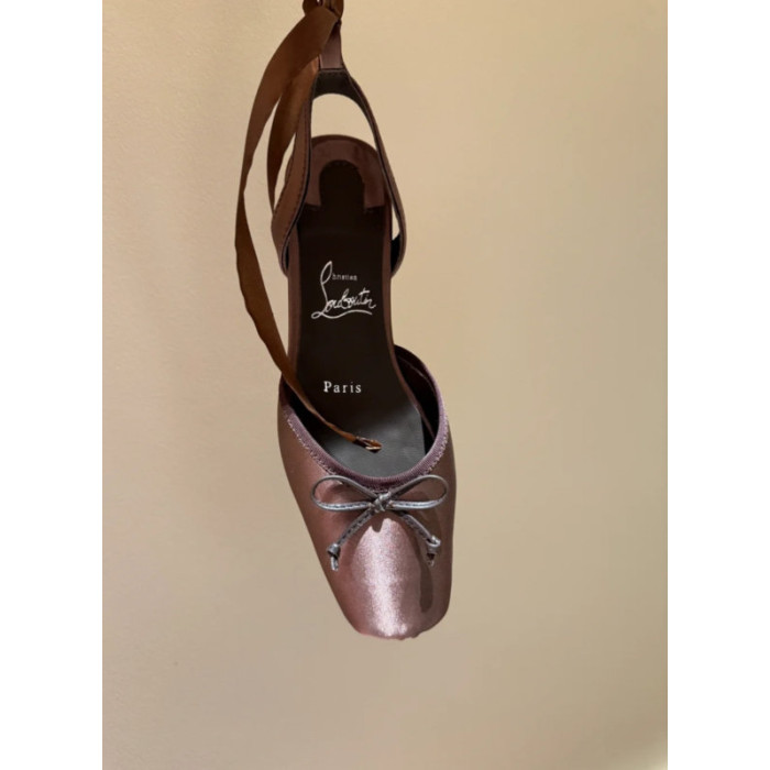 Christian Louboutin Bronze Satin Tie‑Ankle Ballet Flat Sandals