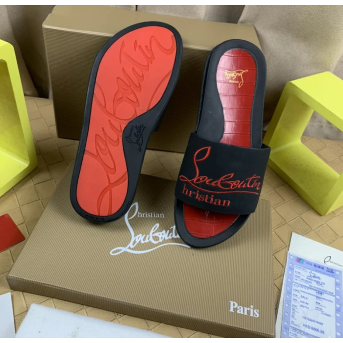 Christian Louboutin Black Slide Sandals With Red Embossed Signature Logo