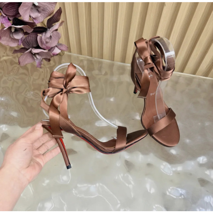 Christian Louboutin Brown Satin 100mm Ankle‑Wrap Tie Stiletto Sandals