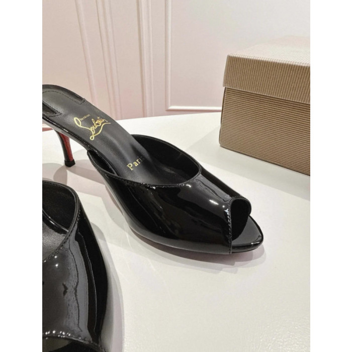 Christian Louboutin Black Patent Peep‑Toe Stiletto Heel Mules