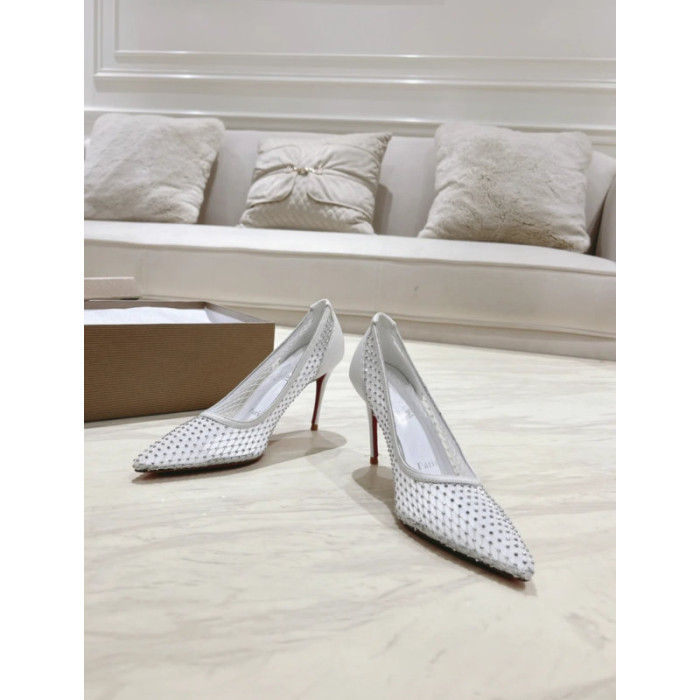 Christian Louboutin White Mesh 80mm Apostropha Crystal‑Embellished Pointed Toe Heel Pumps