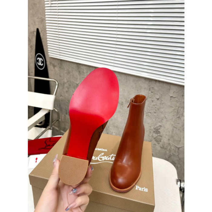 Christian Louboutin Cognac Brown Smooth Leather Side‑Zip Block Heel Ankle Boots 70mm heel