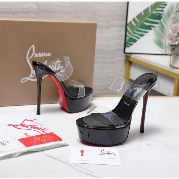 Christian Louboutin Black Patent PVC Strap Platform Stiletto Heel Mules