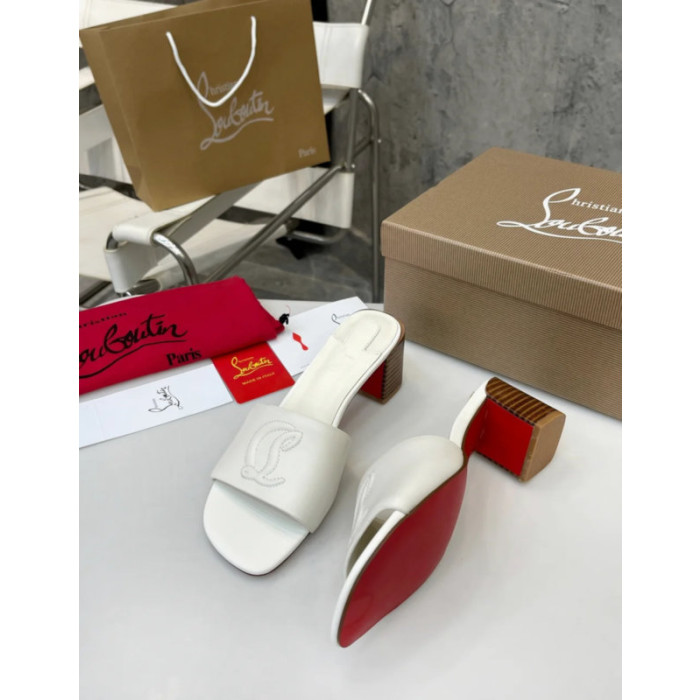 Christian Louboutin White Leather 55mm heel Block Heel Slide Sandal