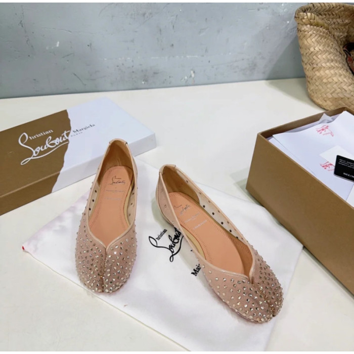 Christian Louboutin Nude Mesh Crystal‑Embellished Split‑Toe Ballet Flats