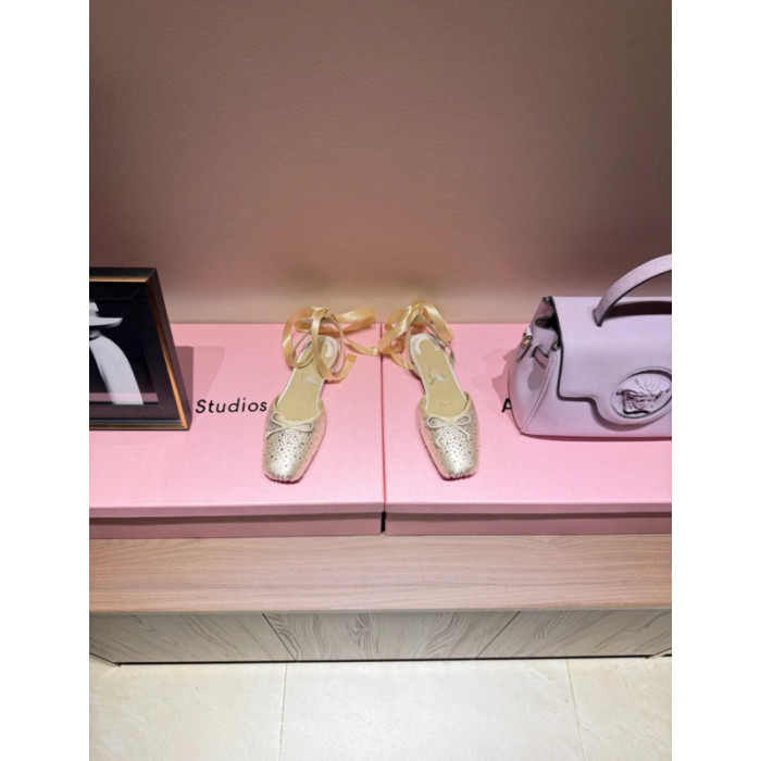 Christian Louboutin Gold Satin Crystal Tie‑Ankle Ballet Flats
