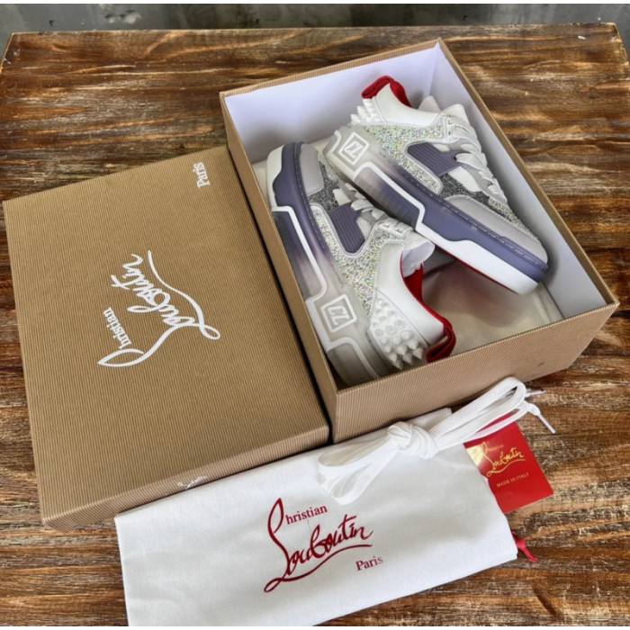 Christian Louboutin White Grey Purple Glitter Studded Low‑Top Sneakers