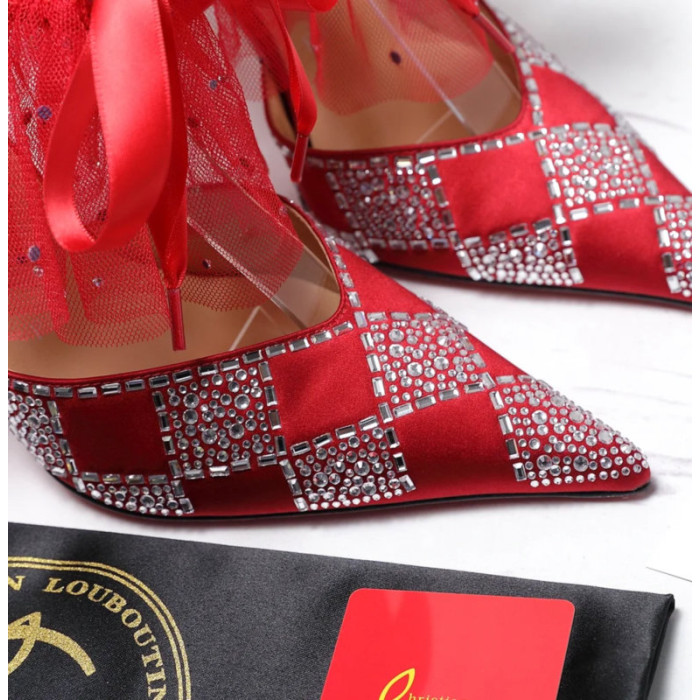 Christian Louboutin Red Satin Checkerboard Crystal Tulle Ruffle 100mm Stiletto Heel Pumps