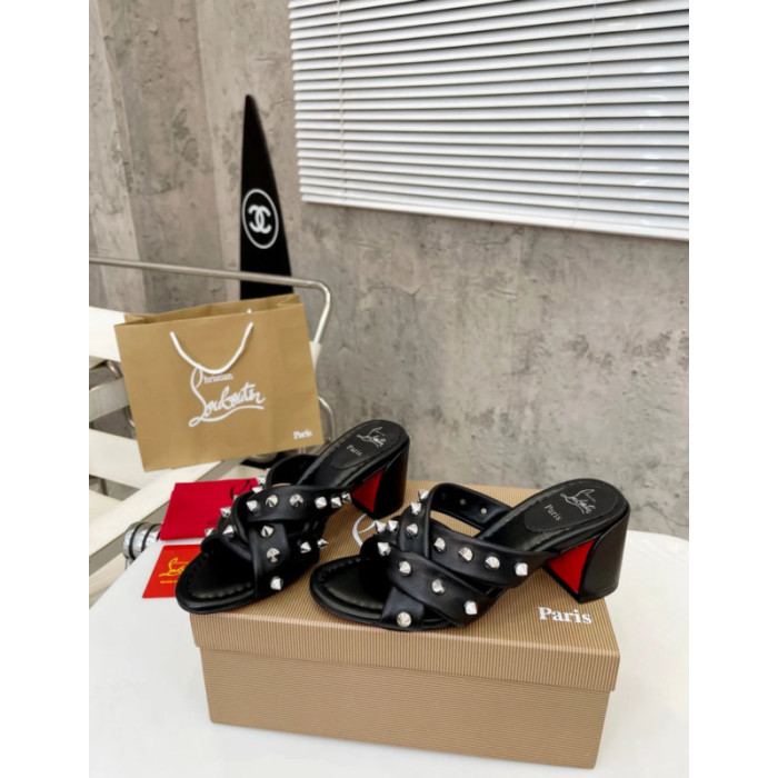 Christian Louboutin Black Leather Studded 55mm heel Slide Sandals