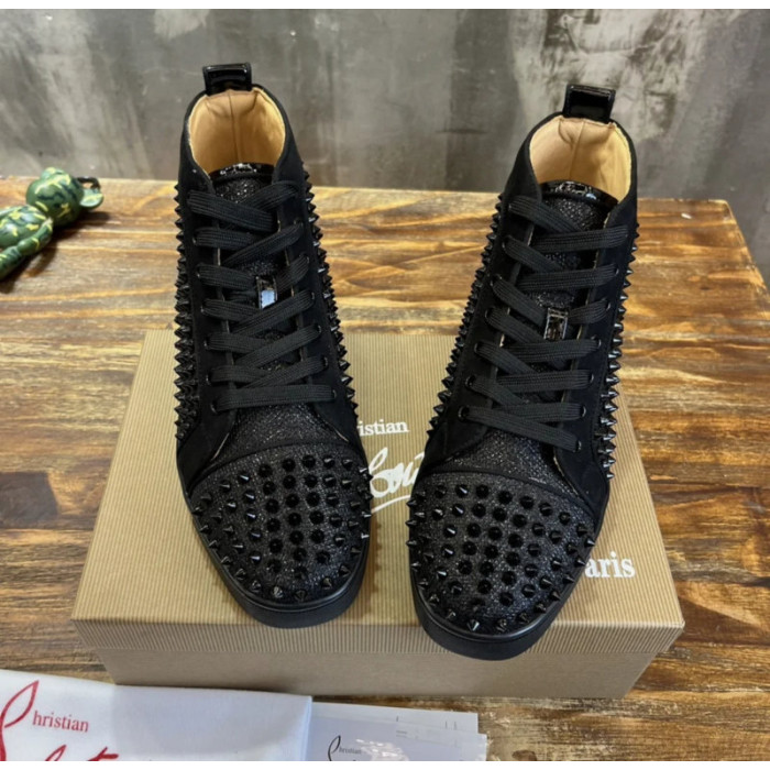 Christian Louboutin Black Glitter Spike‑Embellished High‑Top Sneakers