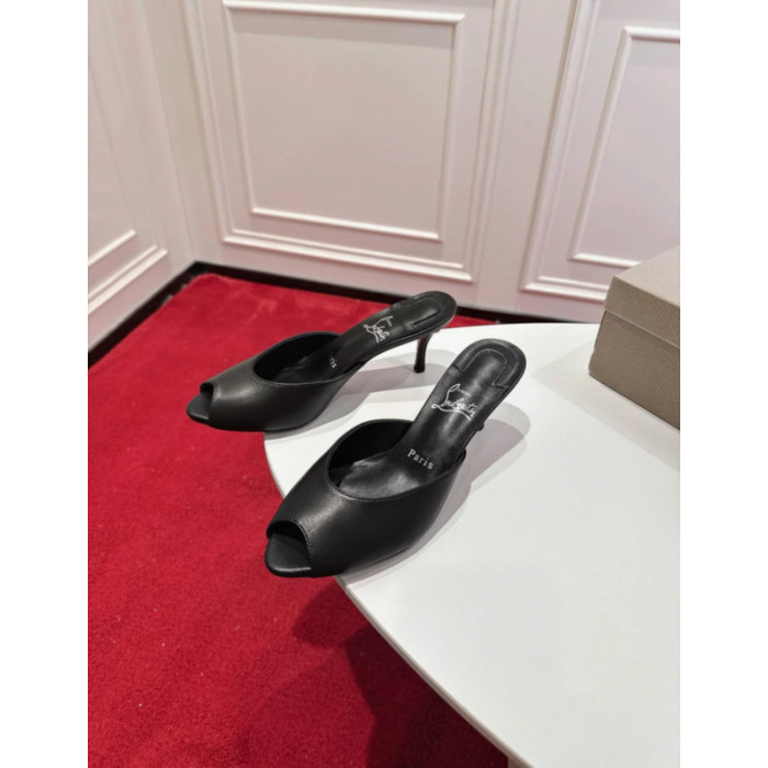 Christian Louboutin Black Leather 55mm Peep‑Toe Mule Heels