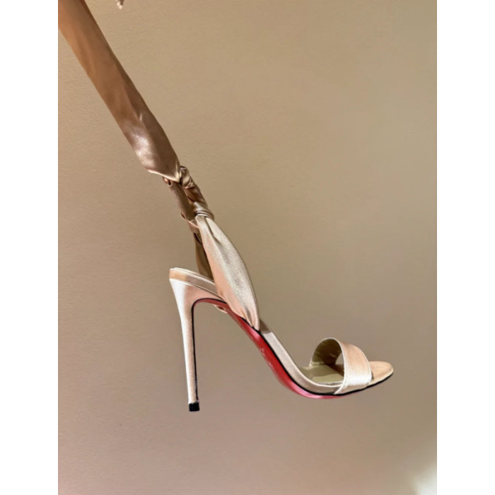 Christian Louboutin Champagne Satin 120mm Heel Tie‑Ankle Stiletto Sandals