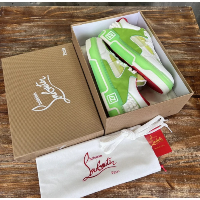 Christian Louboutin White‑Green Leather Spiked Platform Low‑Top Sneakers