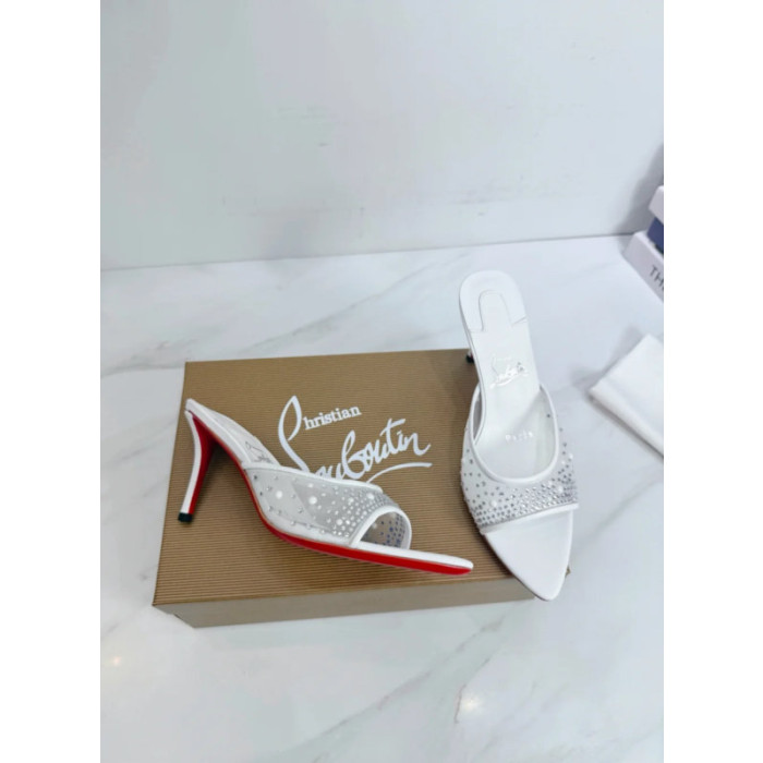 Christian Louboutin White Mesh Crystal 85mm Pointed‑Toe Mule Heels