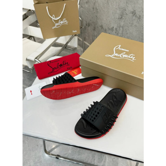 Christian Louboutin Black Rubber Spiked Slide Sandal