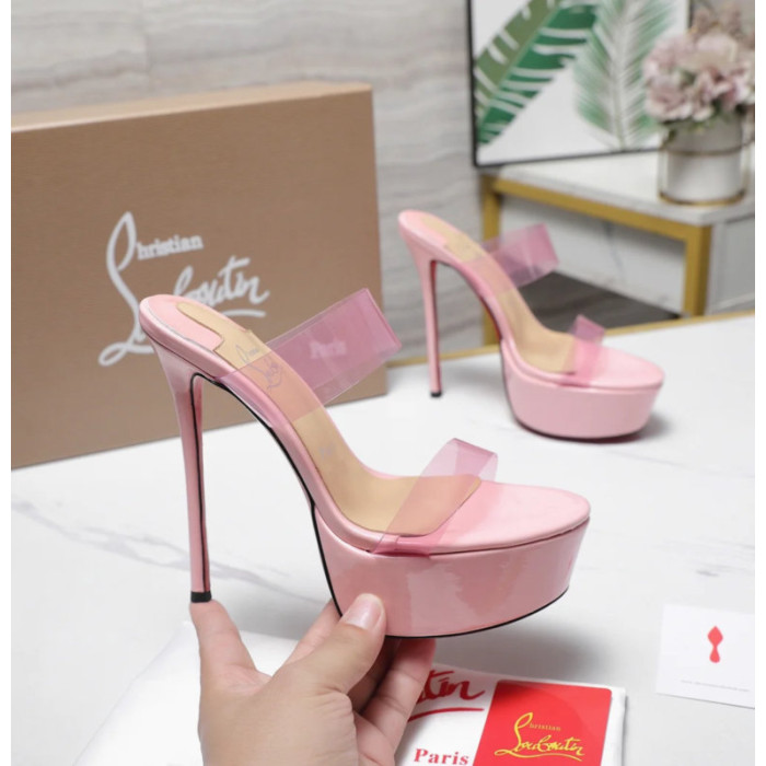 Christian Louboutin Pink Patent 150mm Clear‑Strap Heel Platform Mules