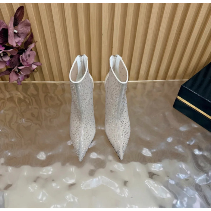 Christian Louboutin Ivory Mesh 100mm Crystal‑Embellished Pointed Toe Stiletto Heel Ankle Boots