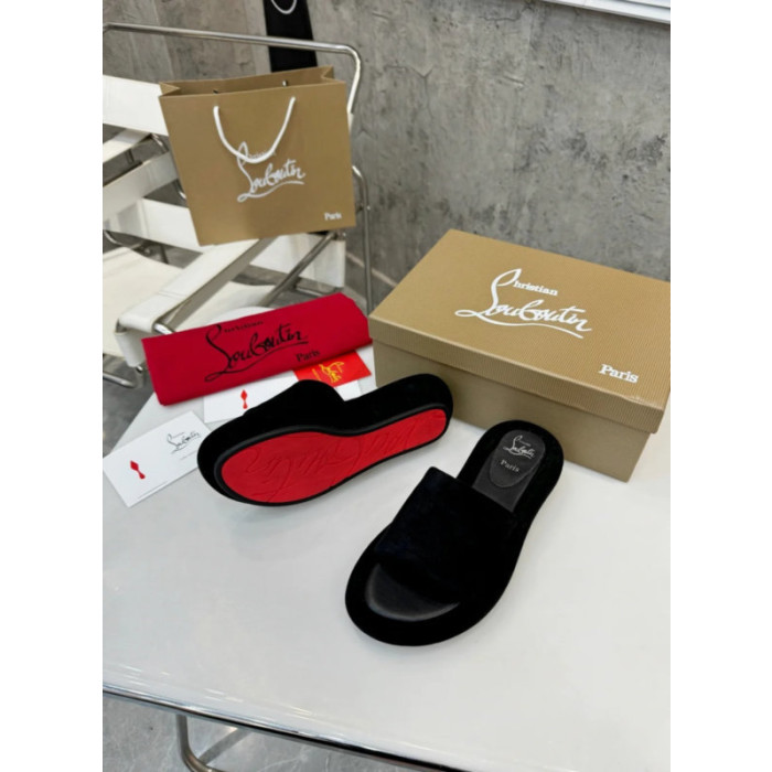 Christian Louboutin Black Suede Platform Flat Slide Sandal