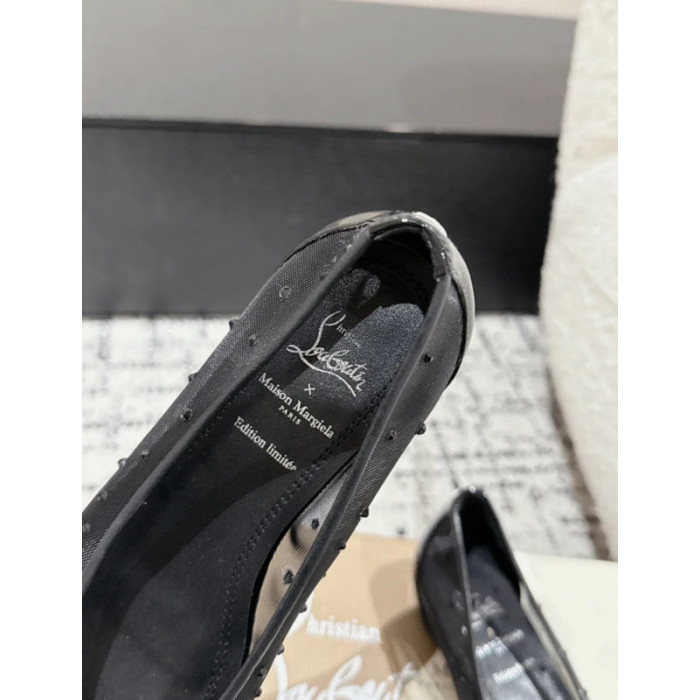 Christian Louboutin × Maison Margiela Black Mesh Crystal Tabi Split‑Toe Wedge Flats