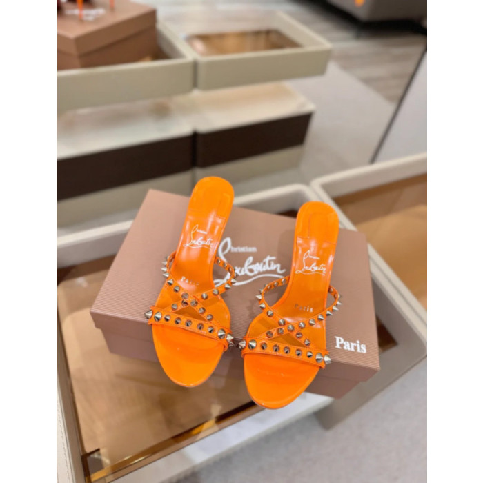 Christian Louboutin Orange Patent Leather 100mm heel Silver‑Spiked Mule High‑Heel Sandals